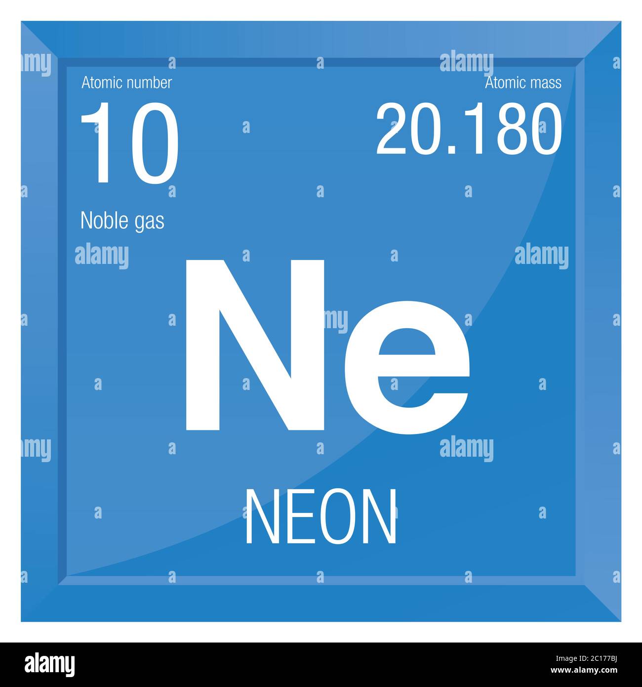 Symbole néon. Élément numéro 10 du tableau périodique des éléments - Chimie - cadre carré avec fond bleu Illustration de Vecteur