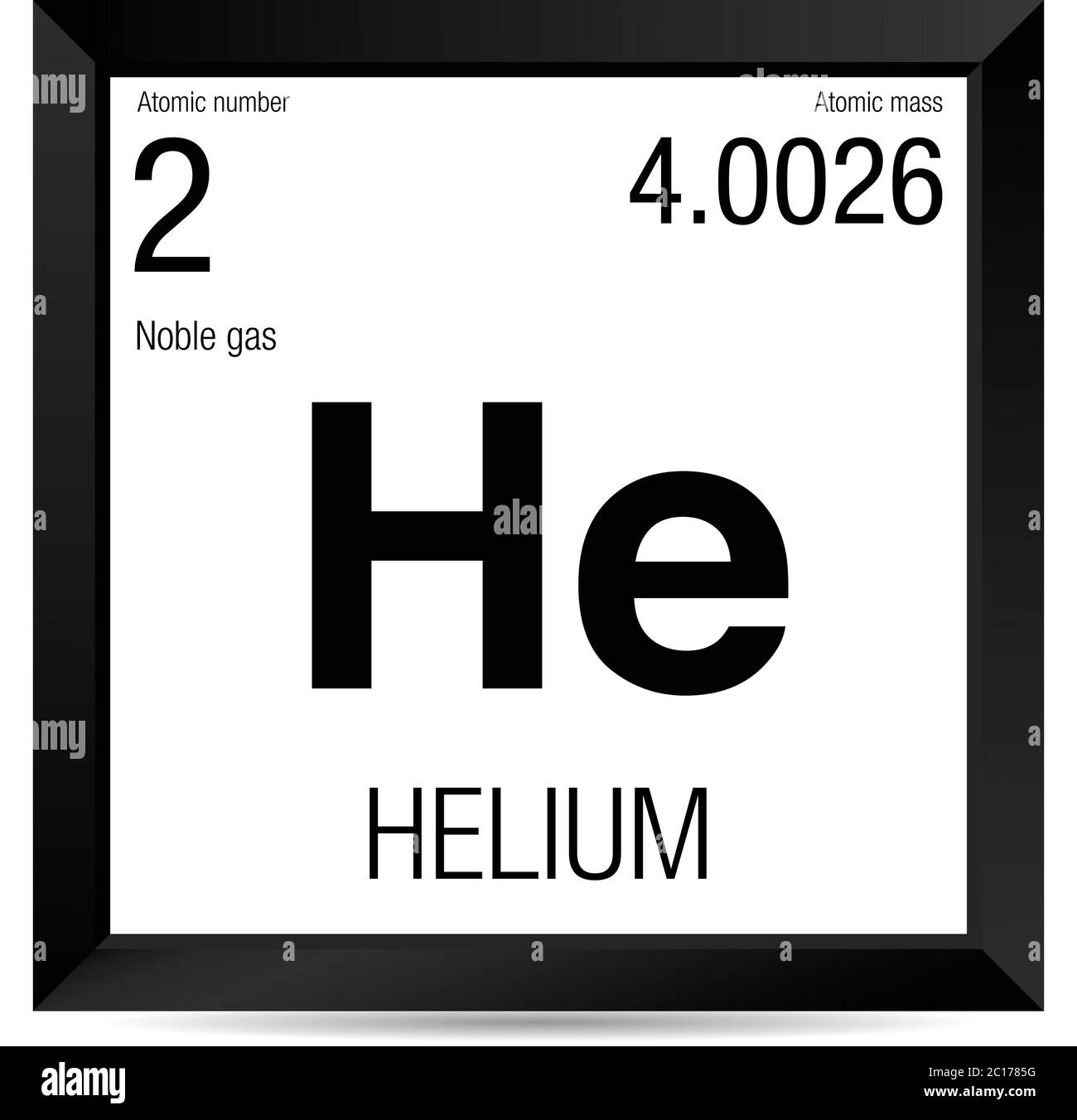 Symbole hélium. Élément numéro 2 du tableau périodique des éléments - Chimie - cadre carré noir avec fond blanc Illustration de Vecteur