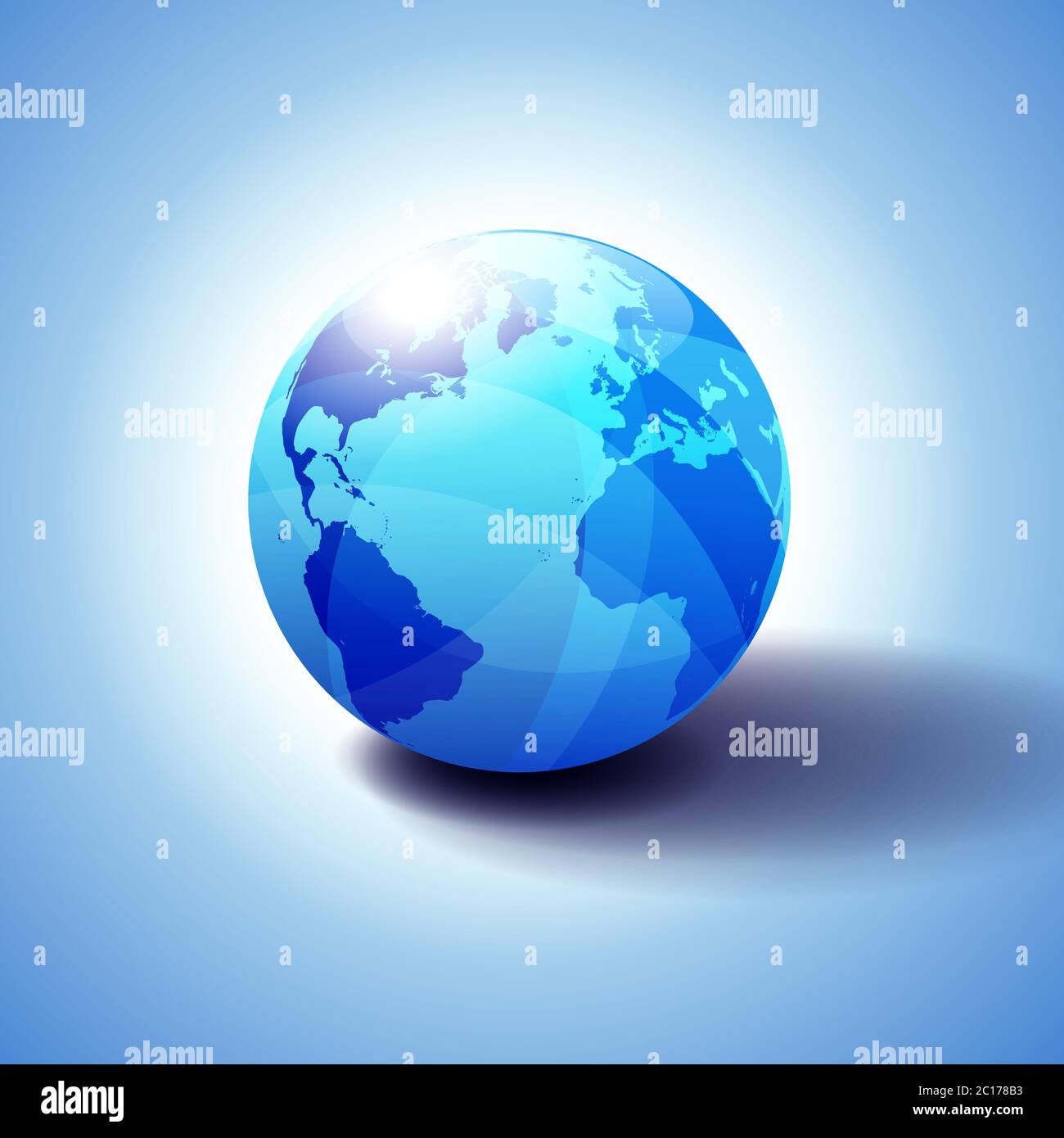 Europe, Amérique, Afrique arrière-plan avec illustration 3D Globe Icon, sphère brillante, brillante avec carte globale en bleu subtil donnant une sensation de transparence. Illustration de Vecteur