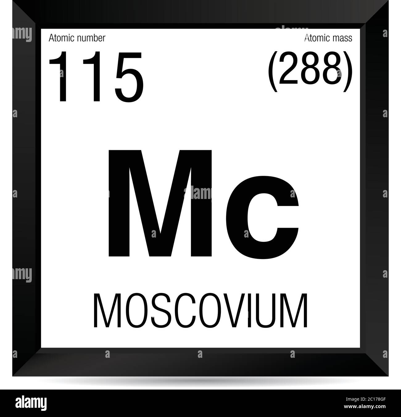 Symbole Moscovium. Élément numéro 115 du tableau périodique des éléments - Chimie - cadre carré noir avec fond blanc Illustration de Vecteur