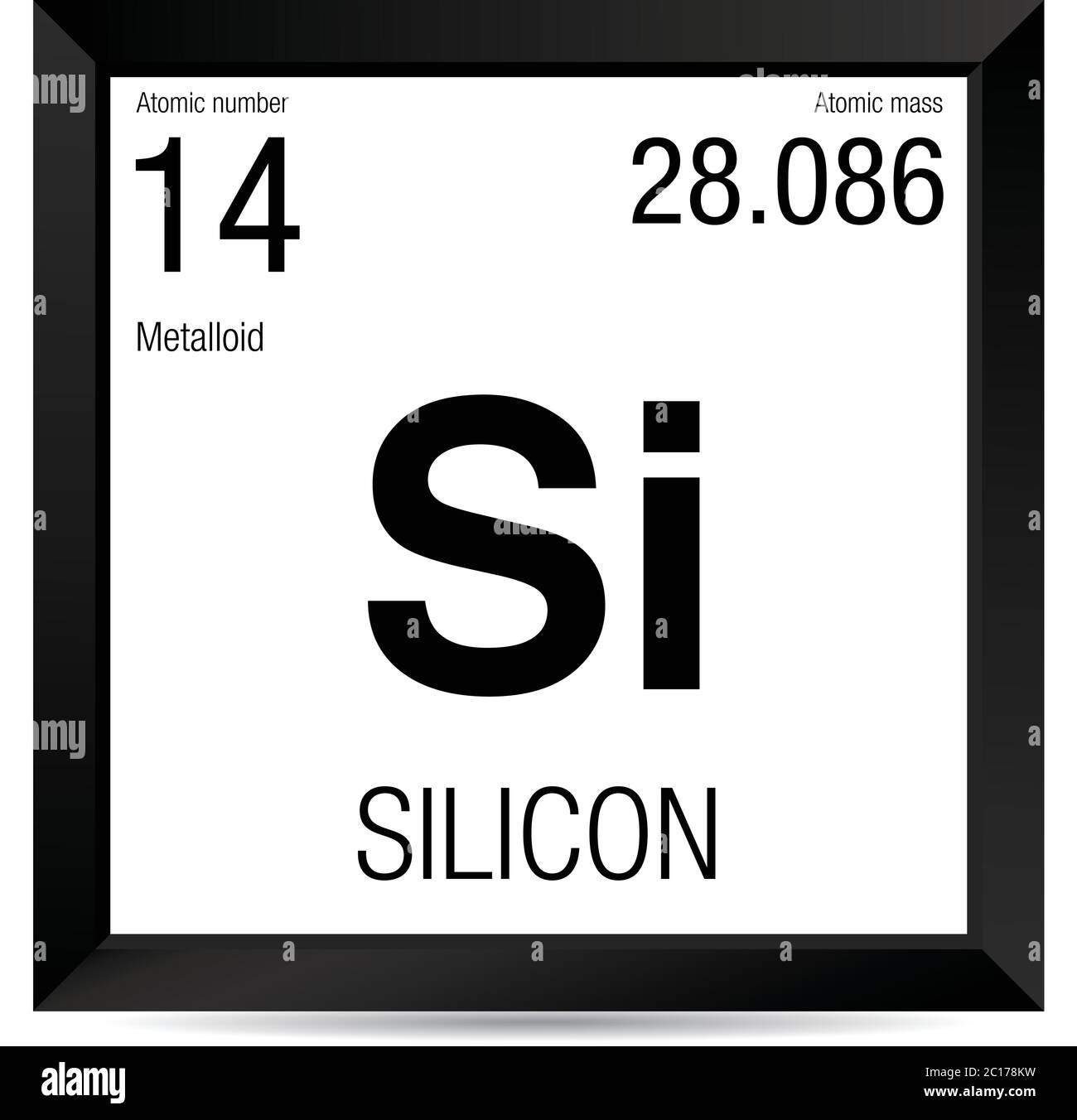 Symbole silicone. Élément numéro 14 du tableau périodique des éléments - Chimie - cadre carré noir avec fond blanc Illustration de Vecteur