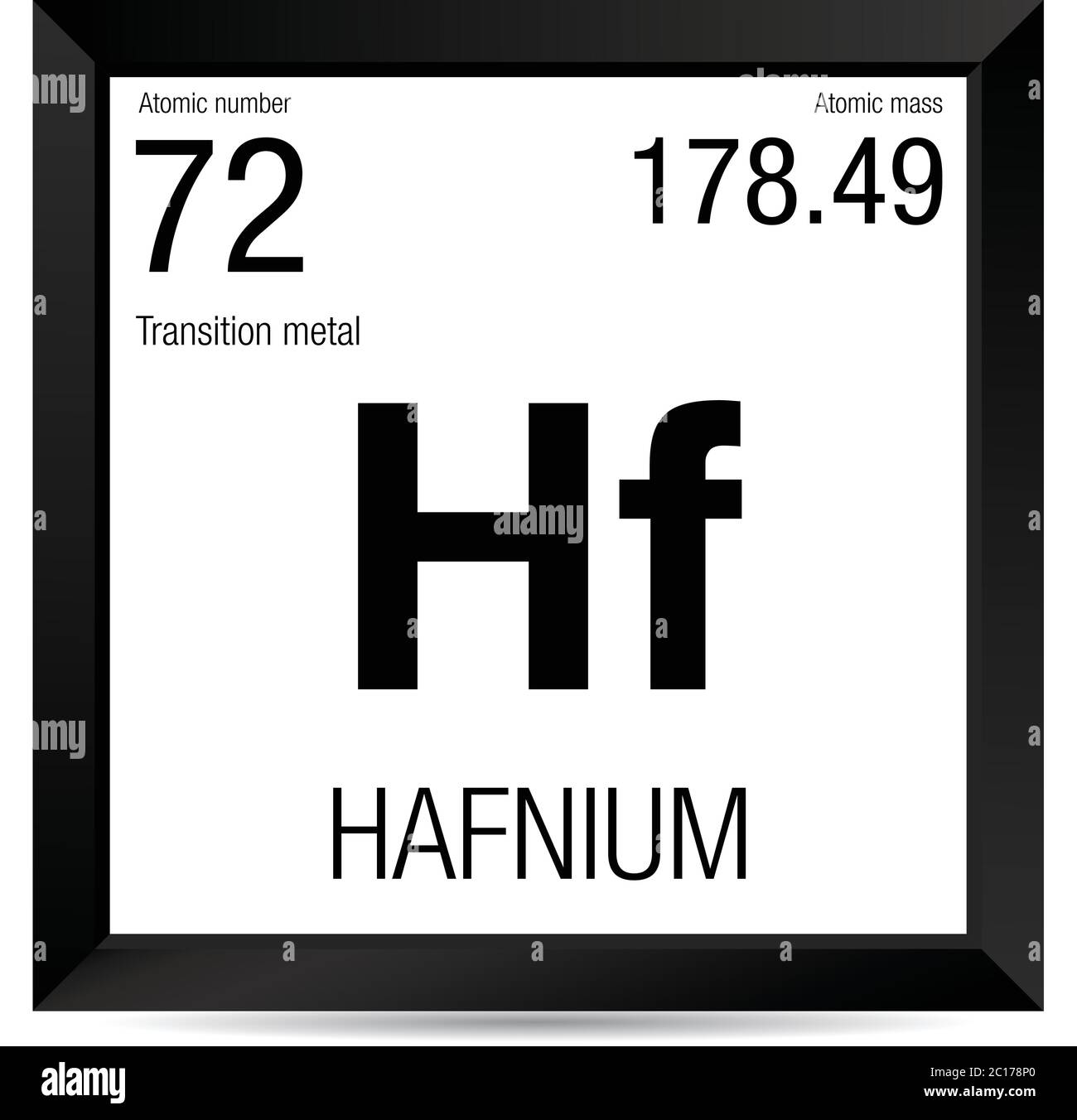 Symbole hafnium. Élément numéro 72 du tableau périodique des éléments - Chimie - cadre carré noir avec fond blanc Illustration de Vecteur