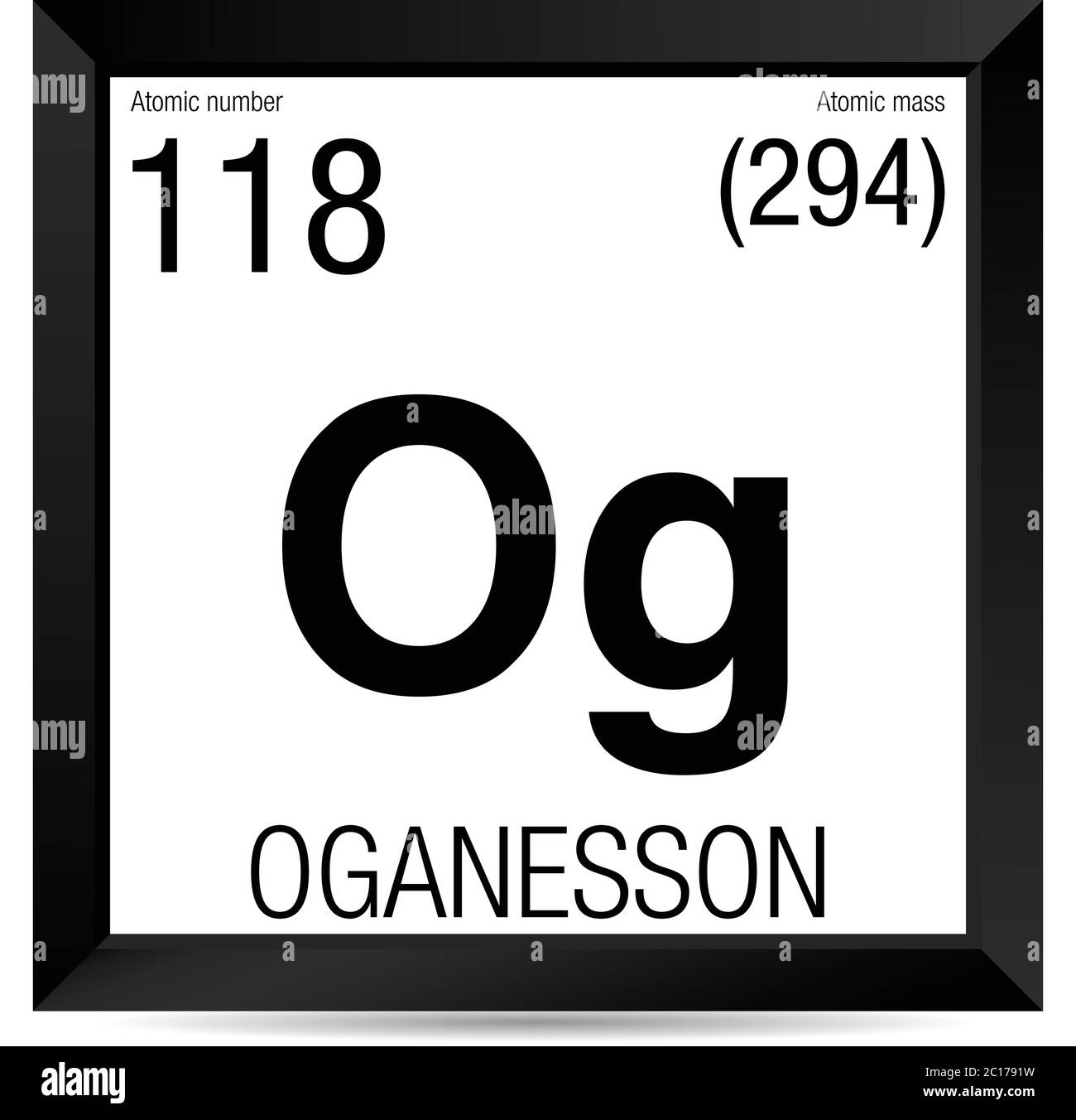 Symbole Oganesson. Élément numéro 118 du tableau périodique des éléments - Chimie - cadre carré noir avec fond blanc Illustration de Vecteur