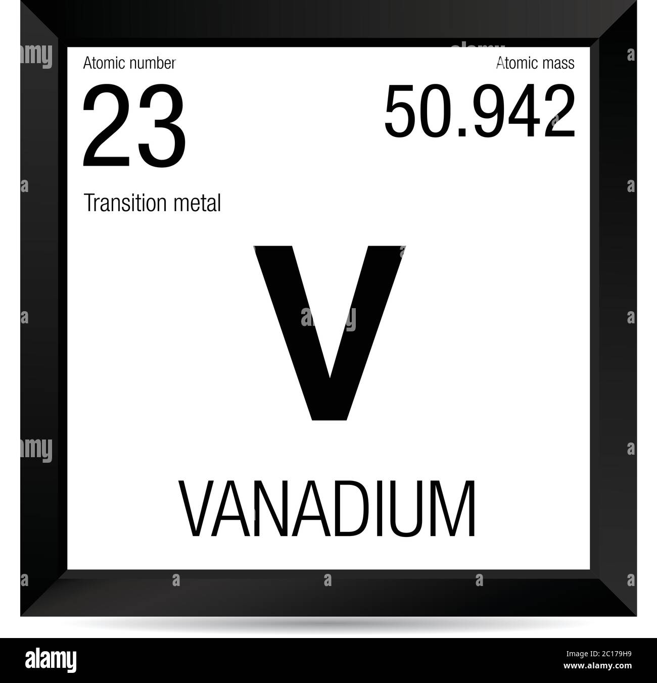 Symbole vanadium. Élément numéro 23 du tableau périodique des éléments - Chimie - cadre carré noir avec fond blanc Illustration de Vecteur