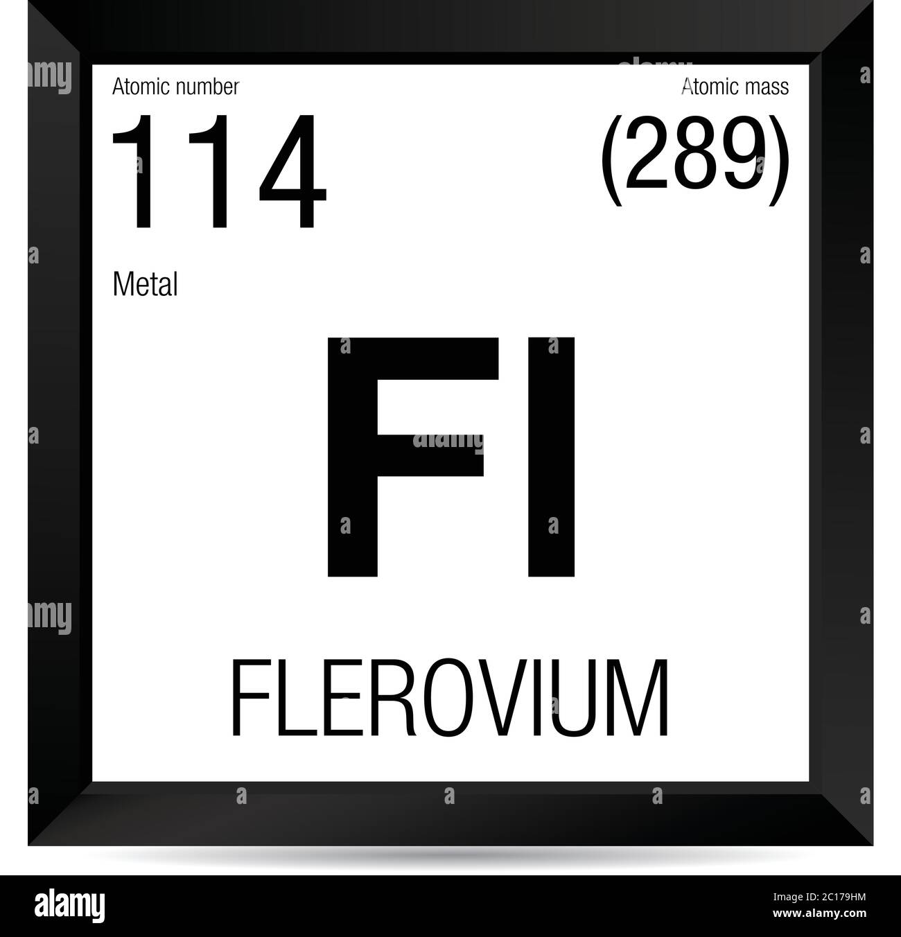 Symbole Flerovium. Élément numéro 114 du tableau périodique des éléments - Chimie - cadre carré noir avec fond blanc Illustration de Vecteur