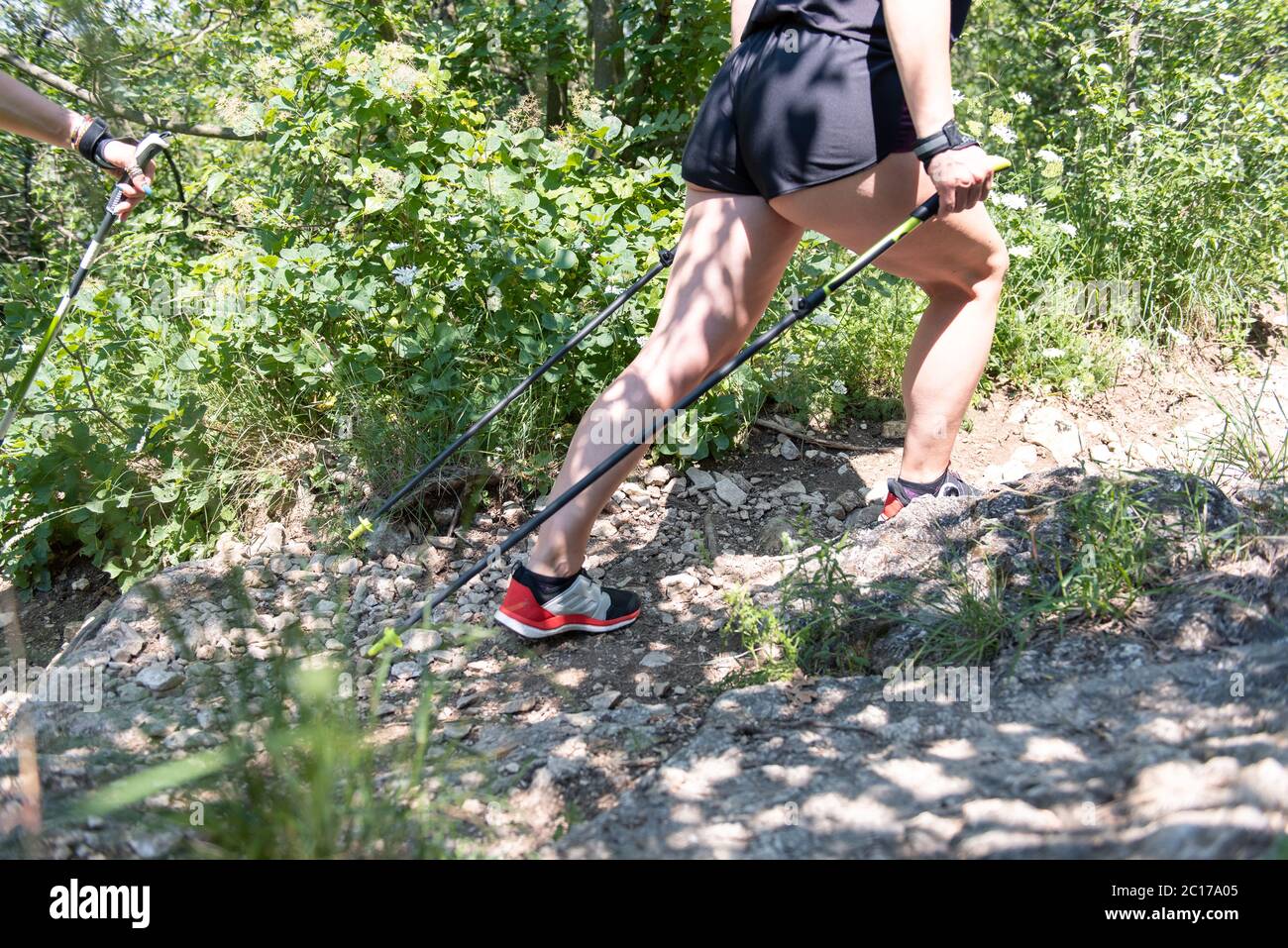 Femme randonnée dans les montagnes, aventure et exercice. Nordic Walking jambes et poteaux en été nature. Des personnes actives en plein air Banque D'Images