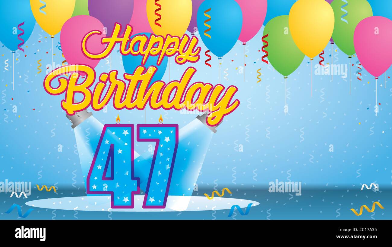 Carte De Vœux De Joyeux Anniversaire 47 Bougie Allumee Sous La Forme D Un Nombre Eclaire Par Deux Reflecteurs Dans Une Piece Avec Des Ballons Flottant Avec Des Banderoles Image Vectorielle Stock