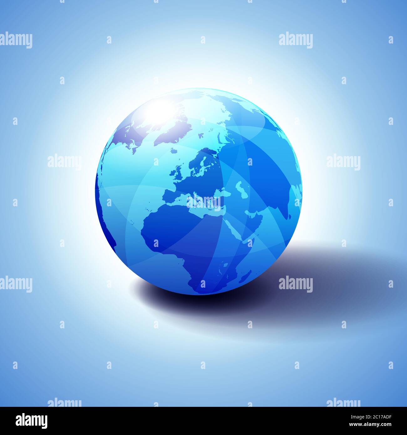 Europe, Moyen-Orient et Afrique fond avec illustration 3D Globe Icon, sphère brillante, brillante avec carte globale en bleu subtil. Illustration de Vecteur