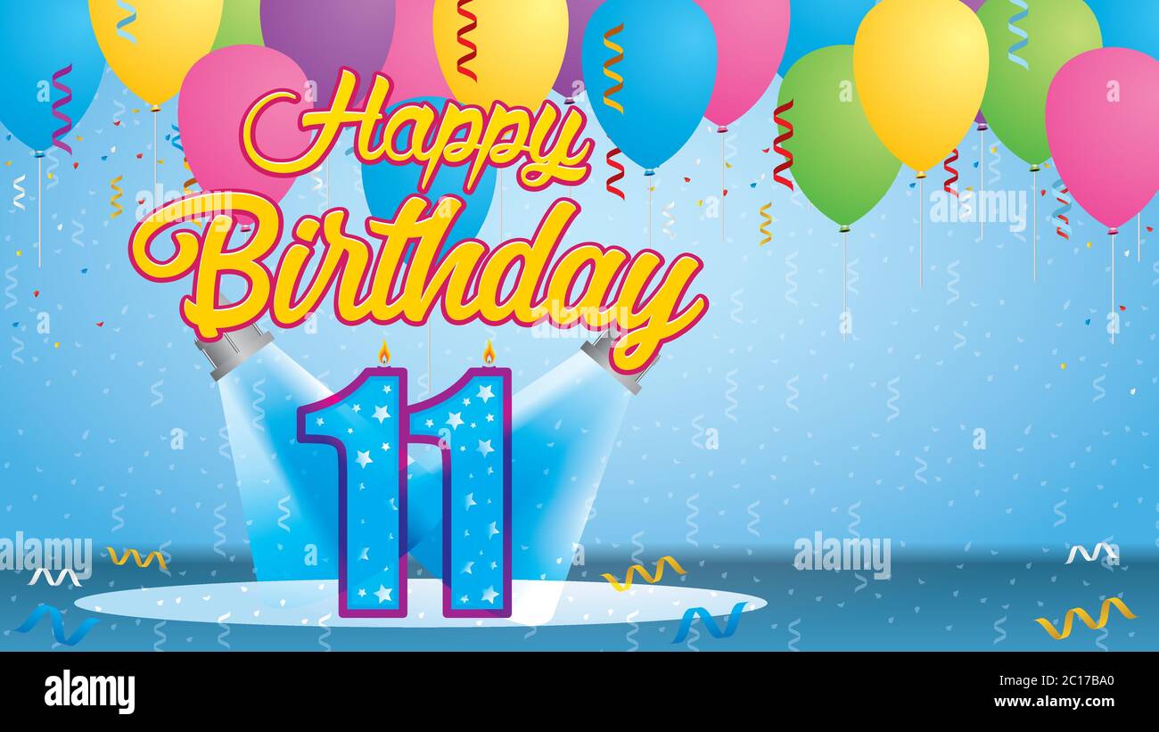 Carte De Vœux De Joyeux Anniversaire 11 Bougie Allumee Sous La Forme D Un Nombre Eclaire Par Deux Reflecteurs Dans Une Piece Avec Des Ballons Flottant Avec Des Banderoles Image Vectorielle Stock