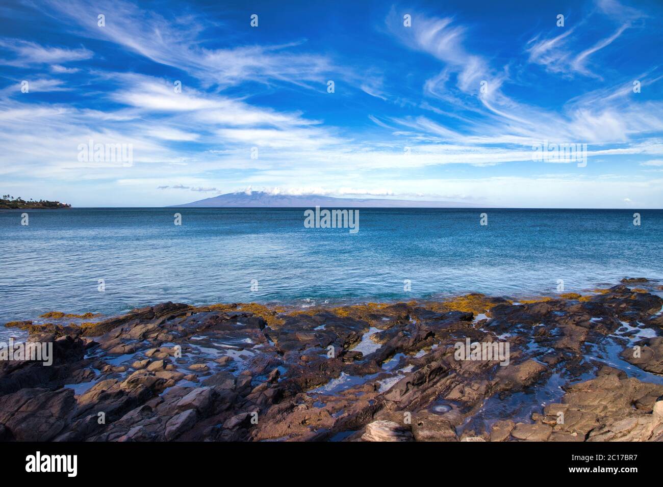 Vue sur Lanai depuis Nasil sur Maui. Banque D'Images
