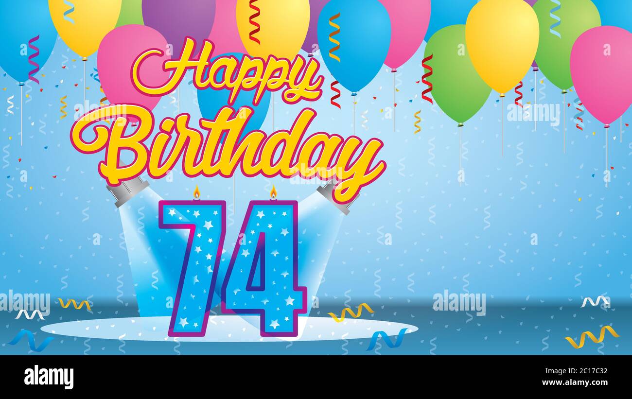 Carte De Vœux De Joyeux Anniversaire 74 Bougie Allumee Sous La Forme D Un Nombre Eclaire Par Deux Reflecteurs Dans Une Piece Avec Des Ballons Flottant Avec Des Banderoles Image Vectorielle Stock