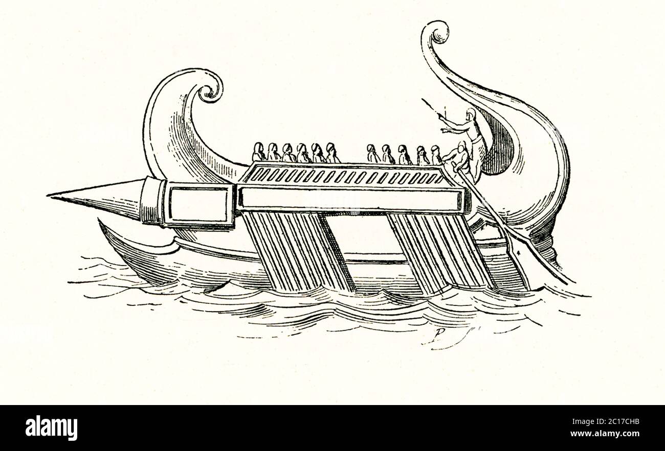 Cette illustration de la fin du XIXe siècle montre un bateau pirate grec, tel qu'il est tiré de l'image d'une pièce ancienne. Ce type de galère, connu sous le nom d'hémiolia, a été développé au 4ème siècle avant J.-C. Banque D'Images