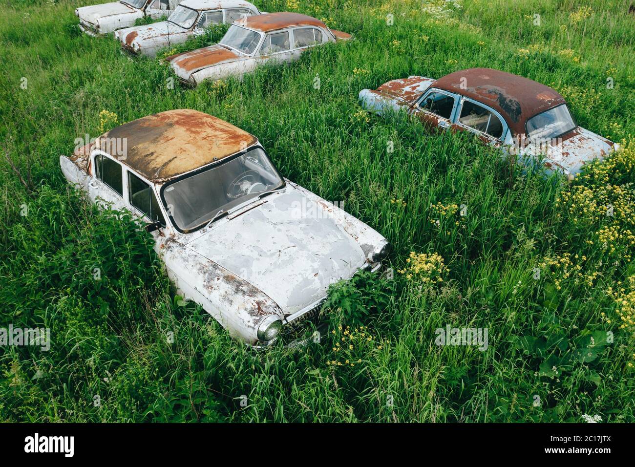 Vieux voitures rétro rouillées abandonnées dans l'herbe verte haute, cimetière des automobiles vintage, vue aérienne. Banque D'Images