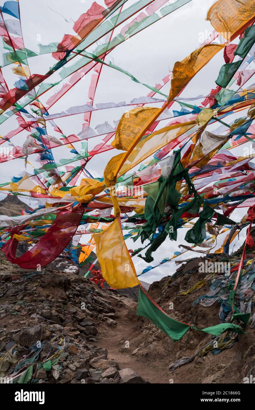 Les drapeaux de prière couvrent le chemin du pèlerin à un col de montagne, le monastère de Tsurphu, kora, Tibet Banque D'Images