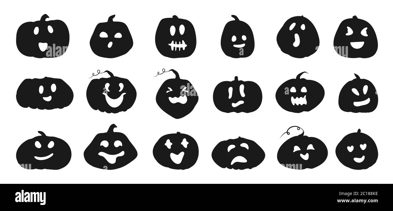 Ensemble de citrouilles d'Halloween avec visages sculptés. Icônes noires courge différentes formes et émotions. Modèle pour couper le sourire de citrouille pour les fêtes de la création principale en octobre. Illustration vectorielle Illustration de Vecteur