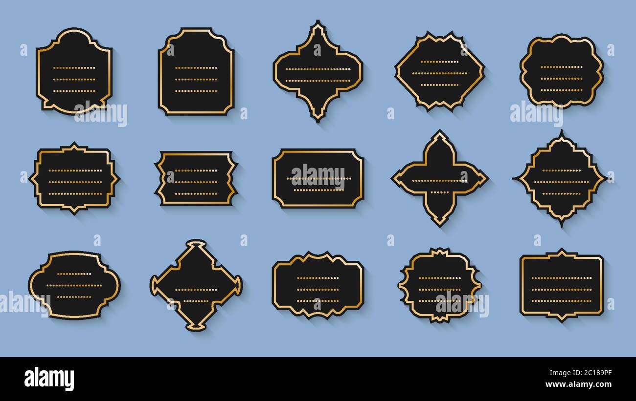 Ensemble rétro or noir avec cadre. Prix de vente de menu de bordure vide de forme différente. Modèle de paquet pour bannière de texte avec point et ombre. Autocollant élégance isolé sur illustration vectorielle bleue Illustration de Vecteur
