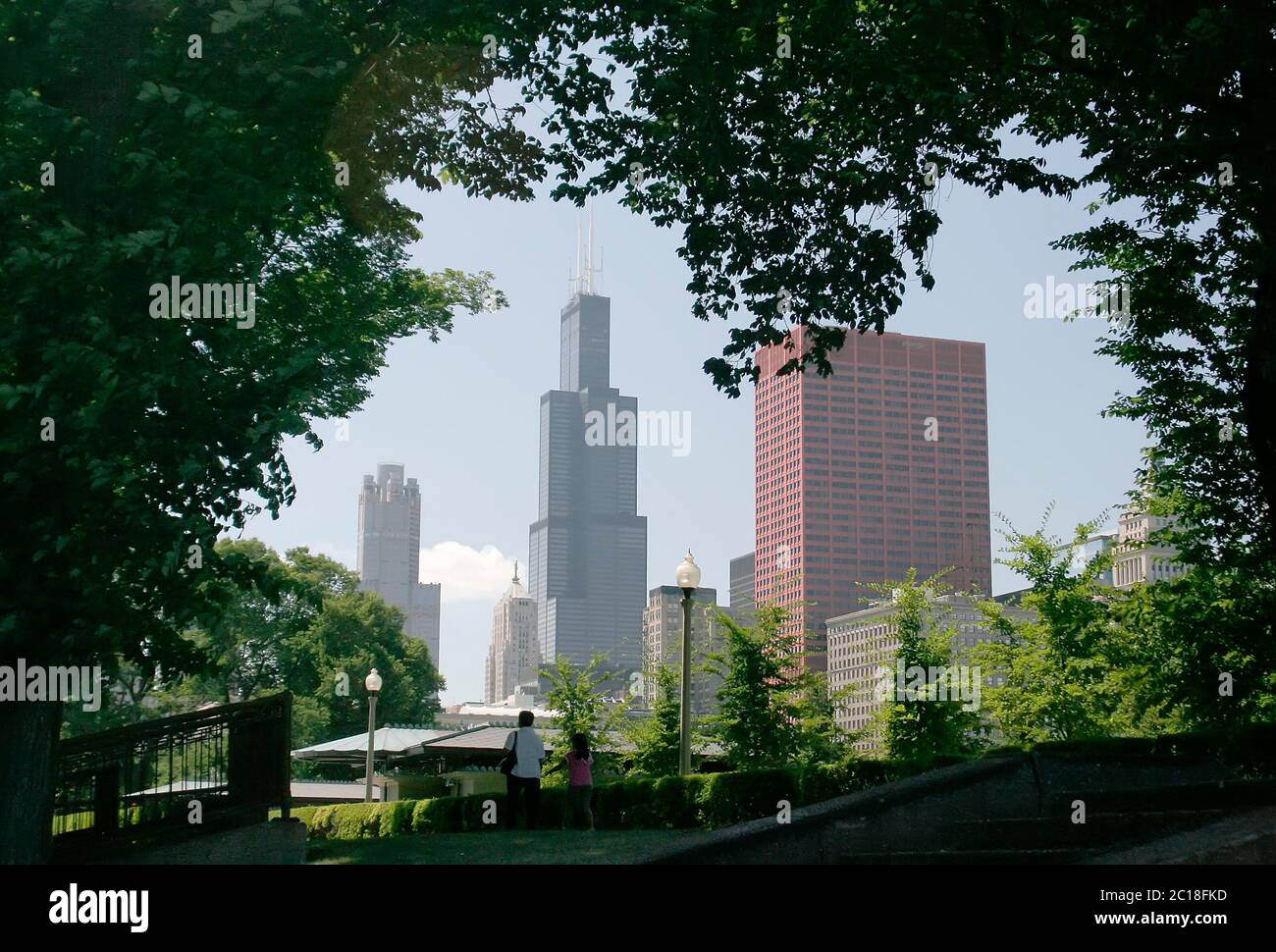Willis Tower et le Big Red Building vus de Grant Park, Chicago, Illinois, États-Unis Banque D'Images