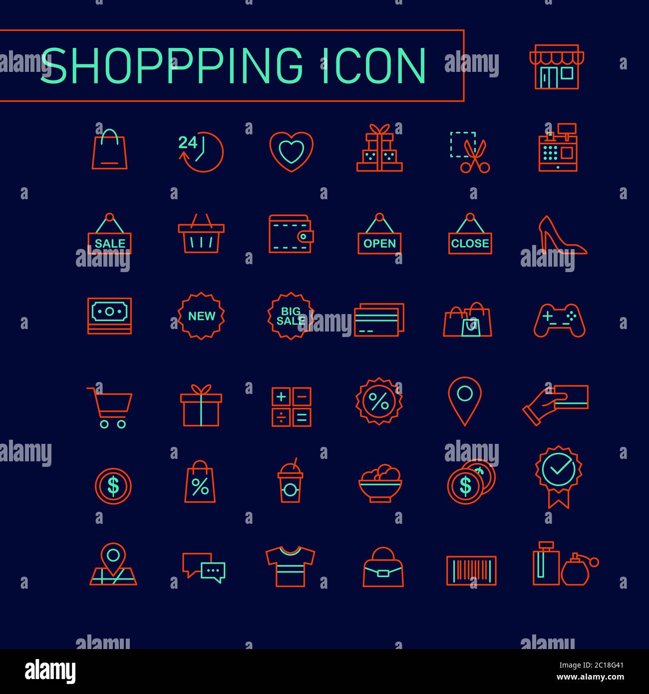 icône de ligne dans les magasins de détail, de shopping, de commerce et de vente. icônes des activités de shopping telles que les réductions, les cartes, la marchandise et les sacs d'achats Illustration de Vecteur