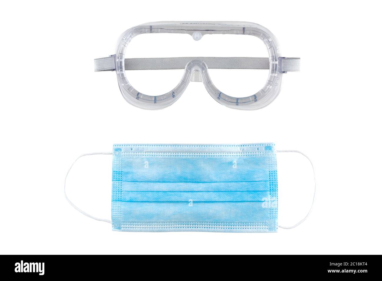 Masque médical bleu et lunettes de protection transparentes isolées sur fond blanc. Banque D'Images