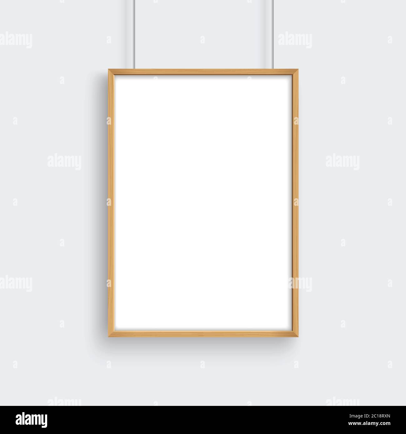 Cadre en bois avec maquette d'affiche suspendue sur un mur gris. Illustration de Vecteur