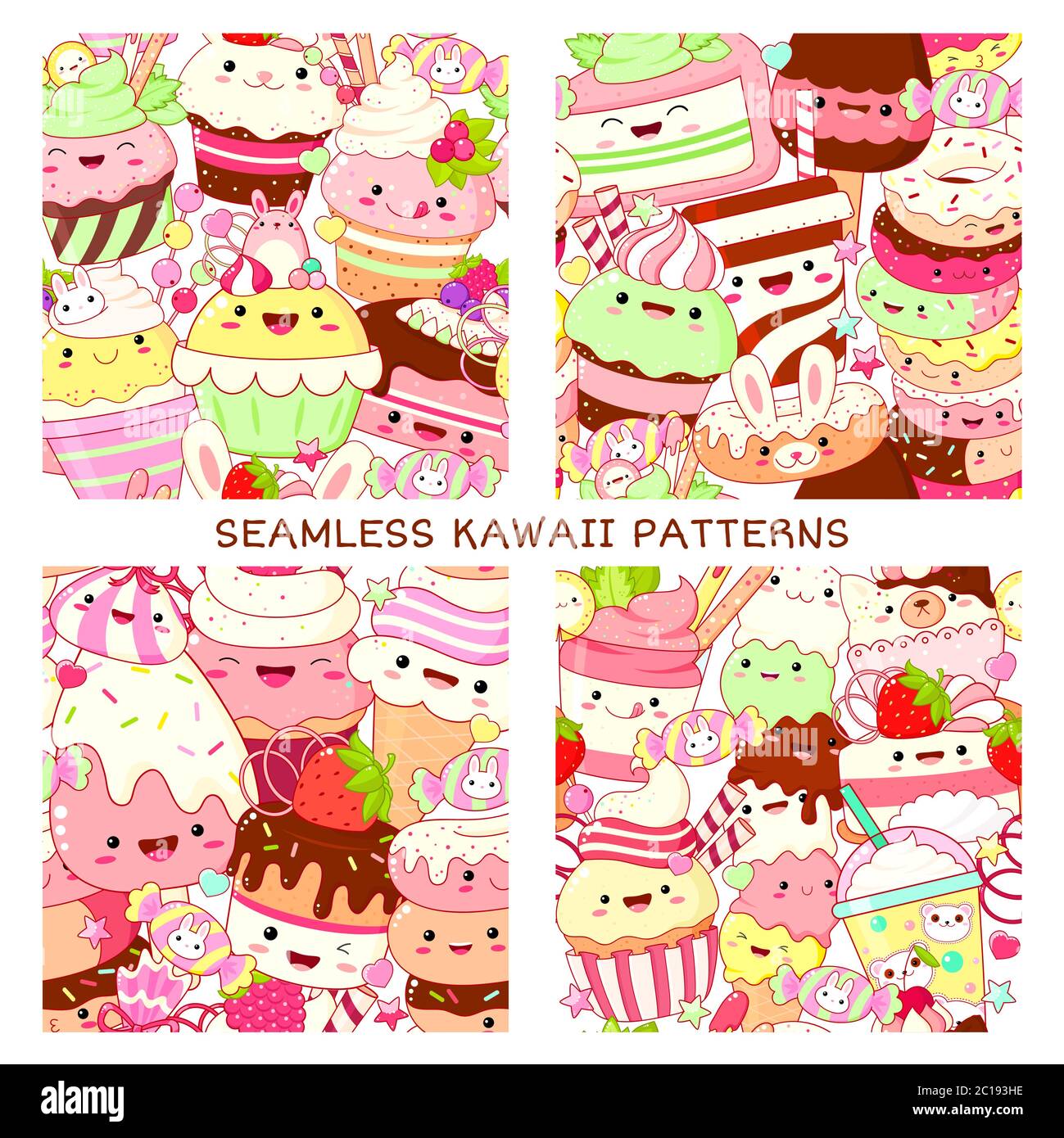 Ensemble de motifs sans couture avec de jolis desserts sucrées dans le style kawaii avec visage souriant. Crème glacée, gâteau, cupcake, beignets. La texture sans fin peut être utilisée pour Illustration de Vecteur