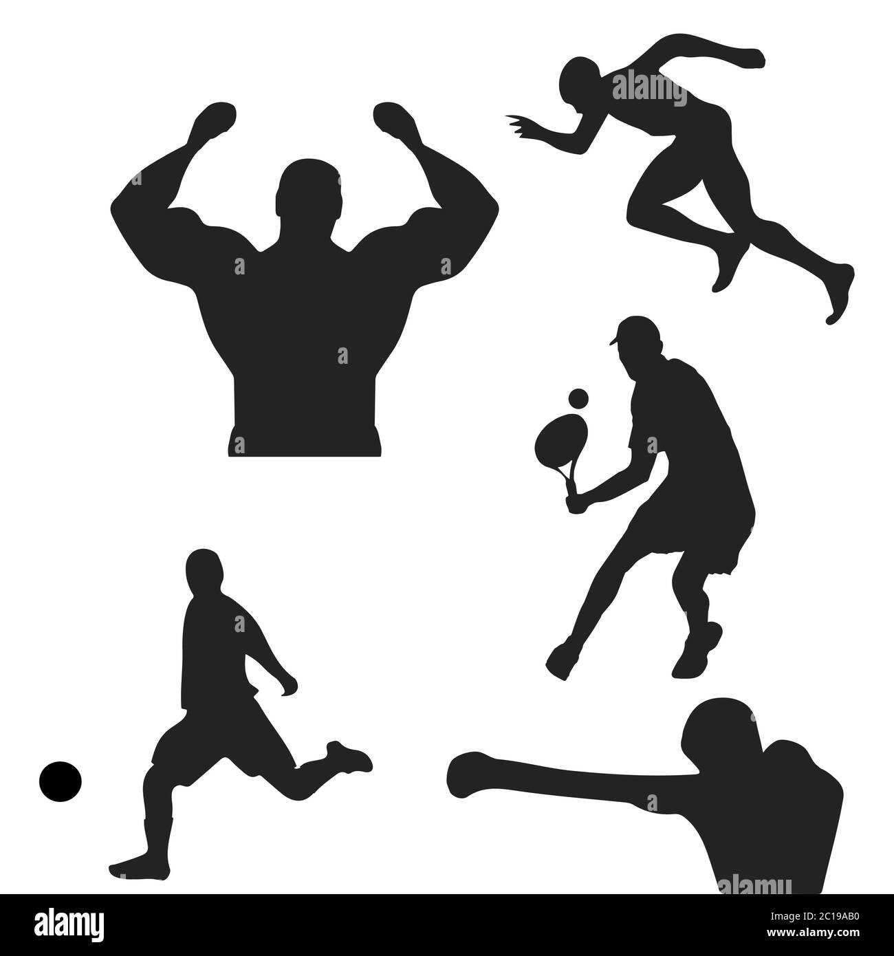 Sport - silhouette. Bodybuilder, boxer, joueur de tennis, joueur de football, entraînement, course à pied. Illustration de Vecteur