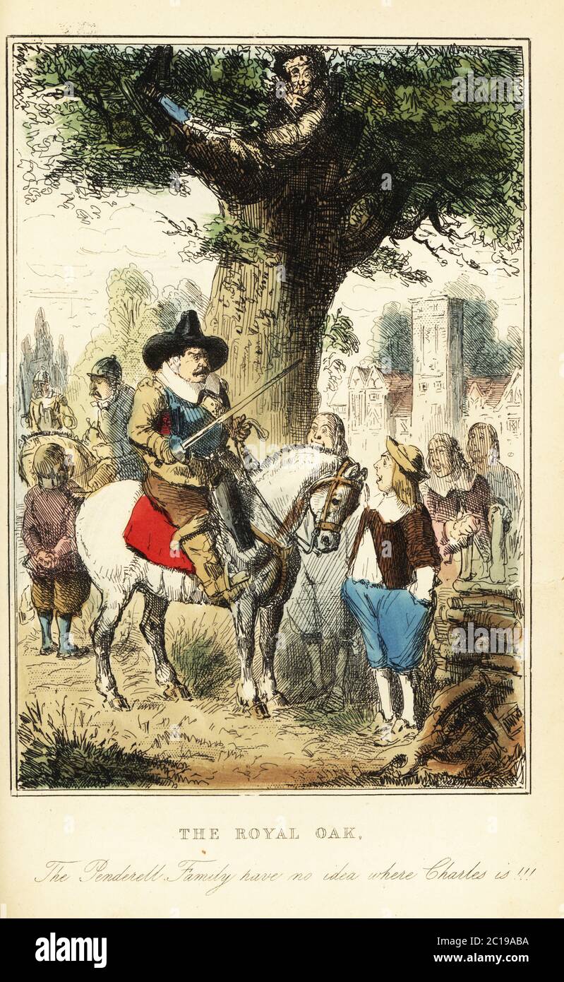 Le roi Charles II cachant un chêne dans le bois de Boscobel, après la bataille de Worcester, 1651. Un parlementaire ou un soldat de tête ronde interroge une famille royaliste locale. Le chêne royal. La famille Penderell n'ont aucune idée où est Charles! Gravure en acier à la main, d’après une illustration de John Leech de Gilbert Abbott A’Beckett’s Comic History of England, Bradbury, Agnew & Co., Londres, 1880. Banque D'Images