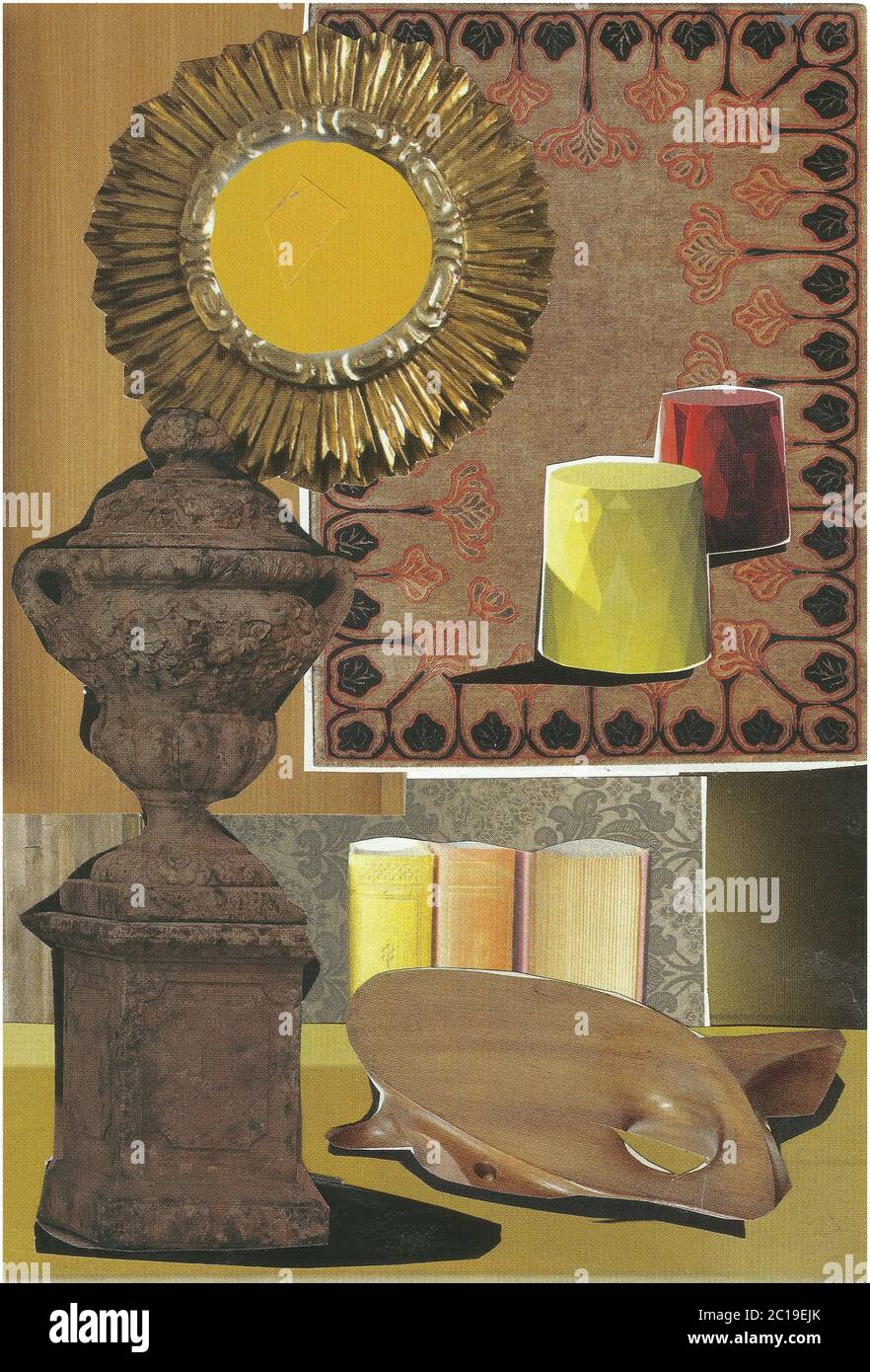 Collage fait main avec soin. Montage d'objet. Réglages surréalistes, couleurs coordonnées et assemblées. Dimensions 4'x6', numérisées à 600 dpi. Banque D'Images