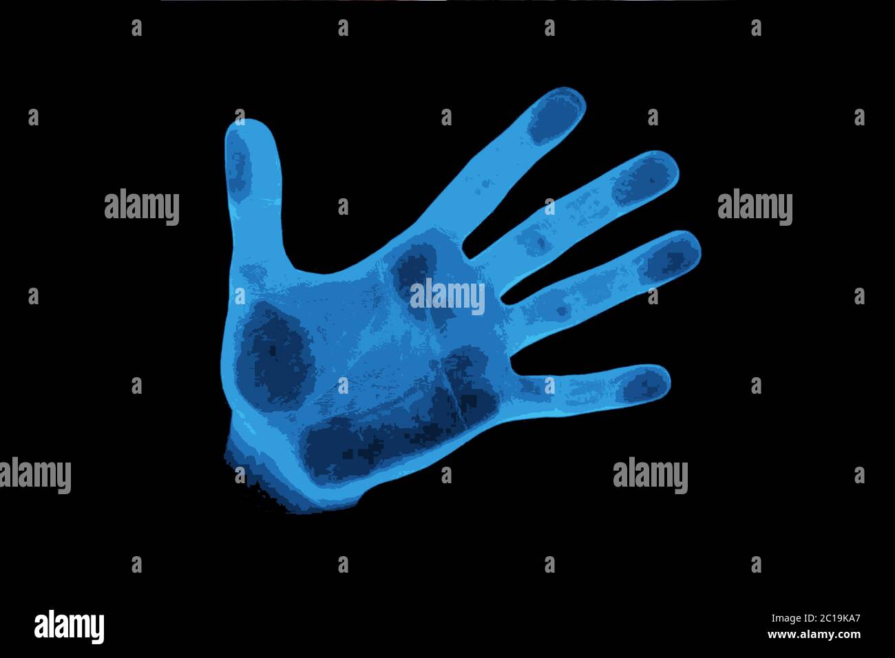 Image de ma main, éditée en bleu avec des bords d'affiche. Isolé sur noir Banque D'Images