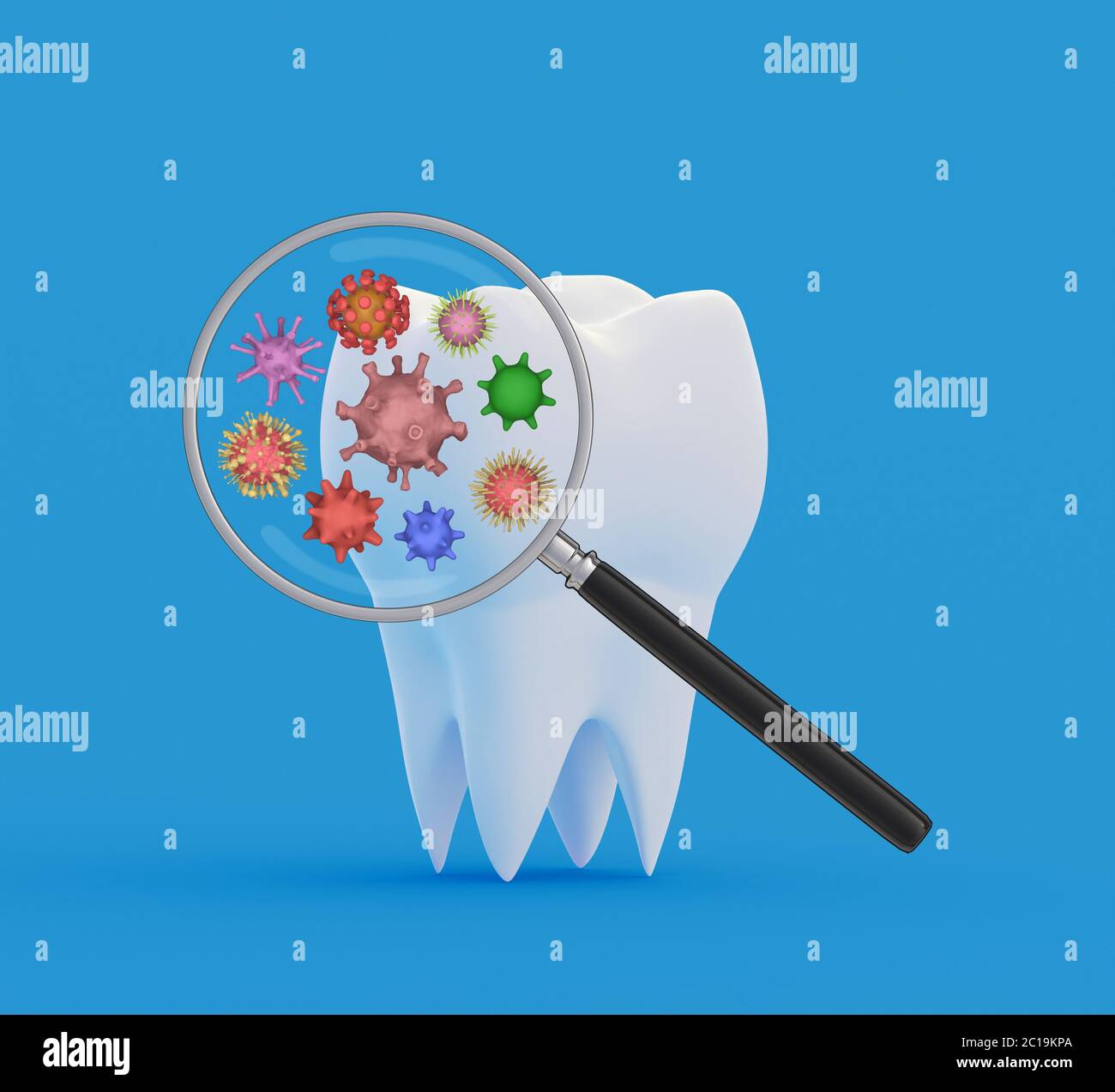 Bactéries de dent sous une loupe. Recherche et diagnostic de maladies des dents concept. Dent avec virus abstraits et bactérias sous loupe. Banque D'Images