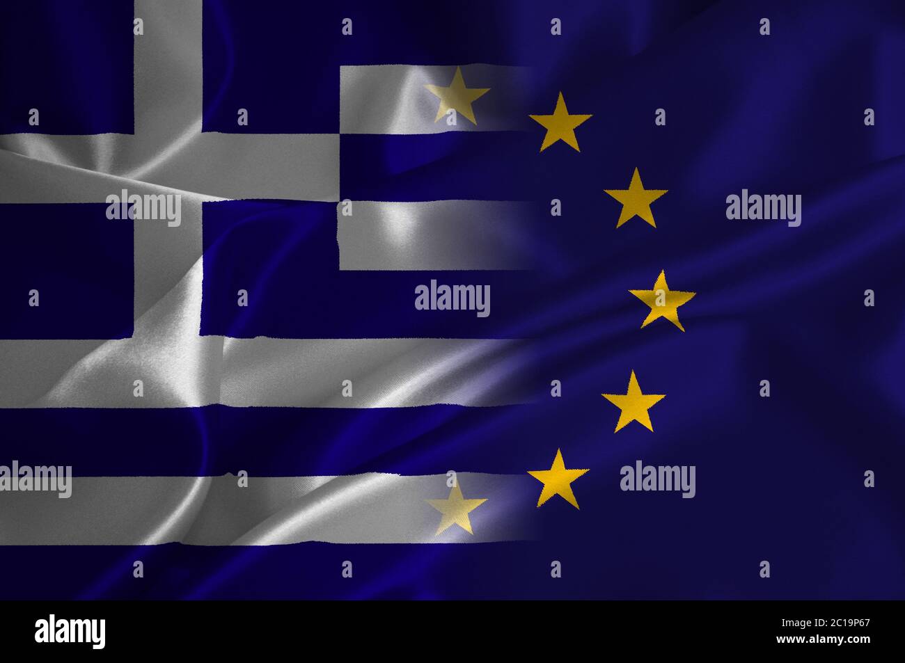 Drapeau de l'UE et drapeau de la Grèce sur texture satinée Banque D'Images