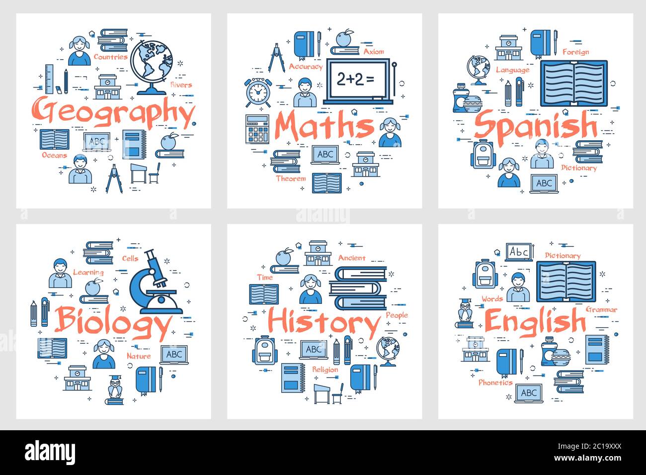 Géographie, histoire, mathématiques, langues et biologie Illustration de Vecteur