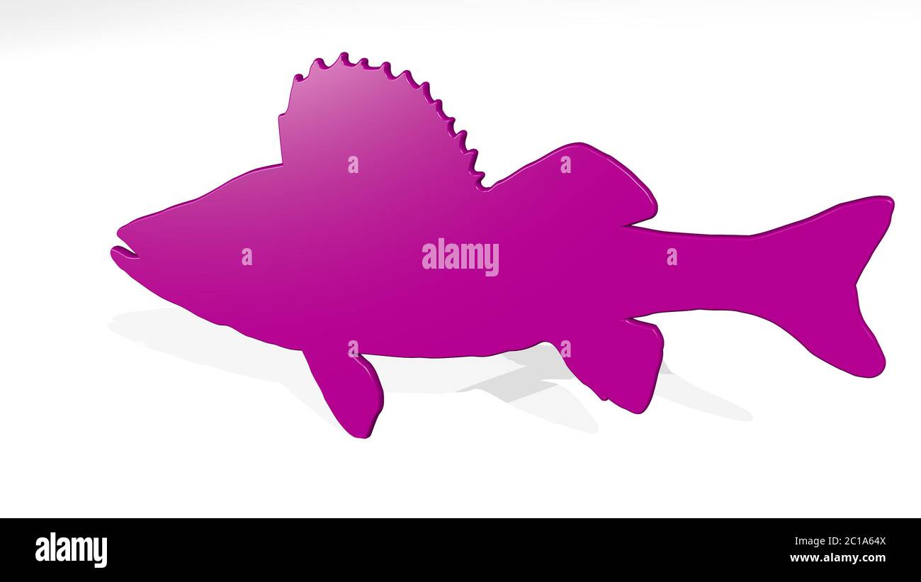 GRAND POISSON BARRACUDA réalisé par l'illustration 3D d'une sculpture métallique brillante sur un mur avec fond clair. Aquatique et bleu Banque D'Images