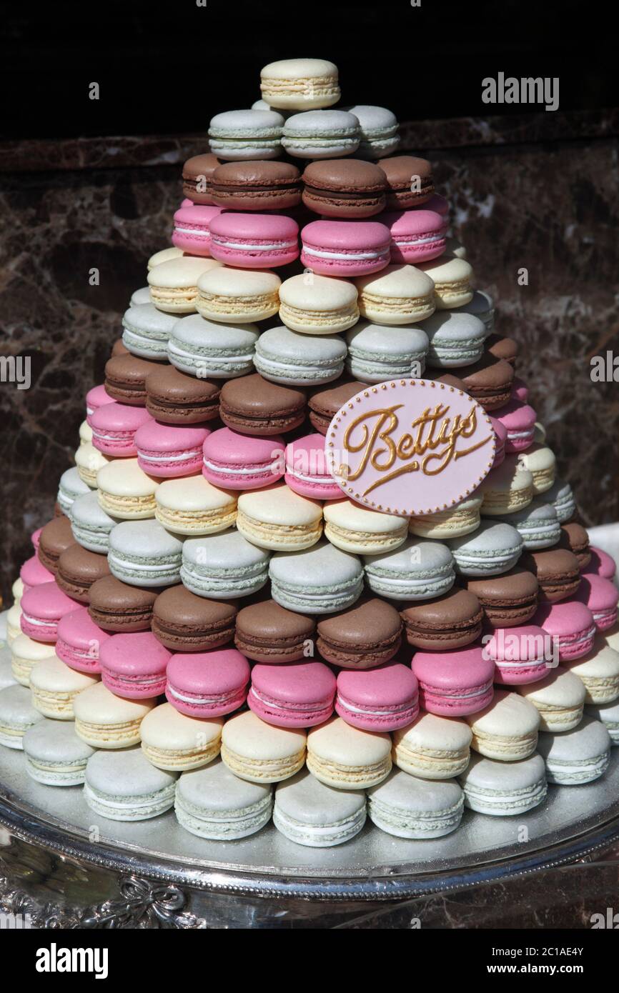 Macarons dans la célèbre salle de thé Bettys, Harrogate, North Yorkshire, Angleterre, Royaume-Uni, Europe Banque D'Images