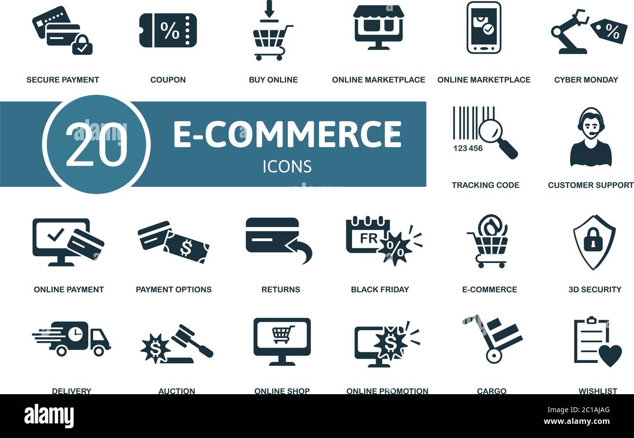Ensemble d'icônes E-Commerce. La collection contient des listes de souhaits, des paiements sécurisés, des sites de vente en ligne, des applications de marché et des icônes. Ensemble d'éléments de commerce électronique. Illustration de Vecteur