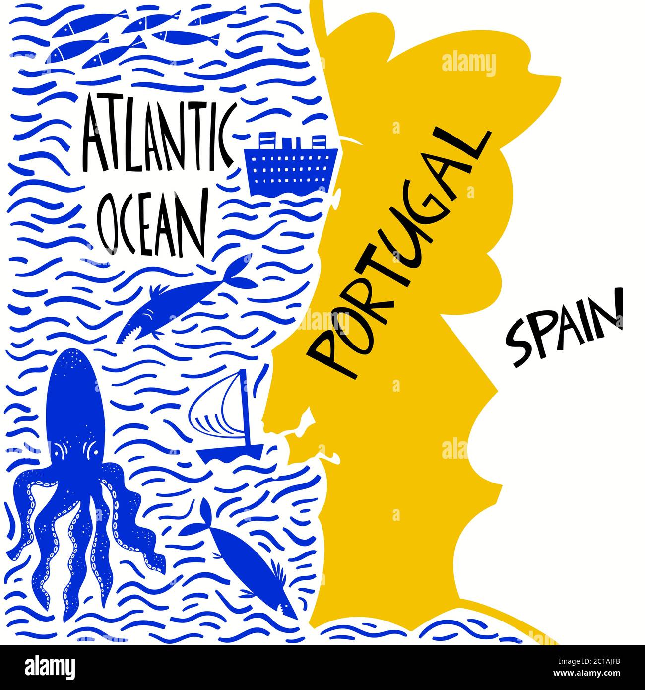 Carte stylisée du Portugal tracée à la main par vecteur. Illustration de voyage de la République portugaise avec noms d'eau. Illustration avec lettrage dessiné à la main. Carte de l'Europe Illustration de Vecteur