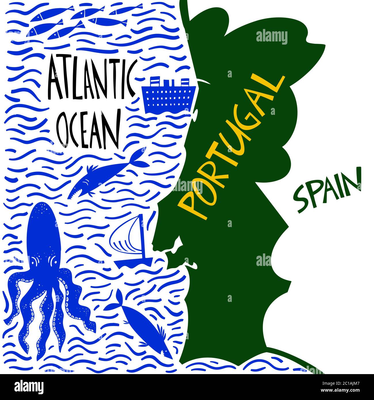 Carte stylisée du Portugal tracée à la main par vecteur. Illustration de voyage de la République portugaise avec noms d'eau. Illustration avec lettrage dessiné à la main. Carte de l'Europe Illustration de Vecteur