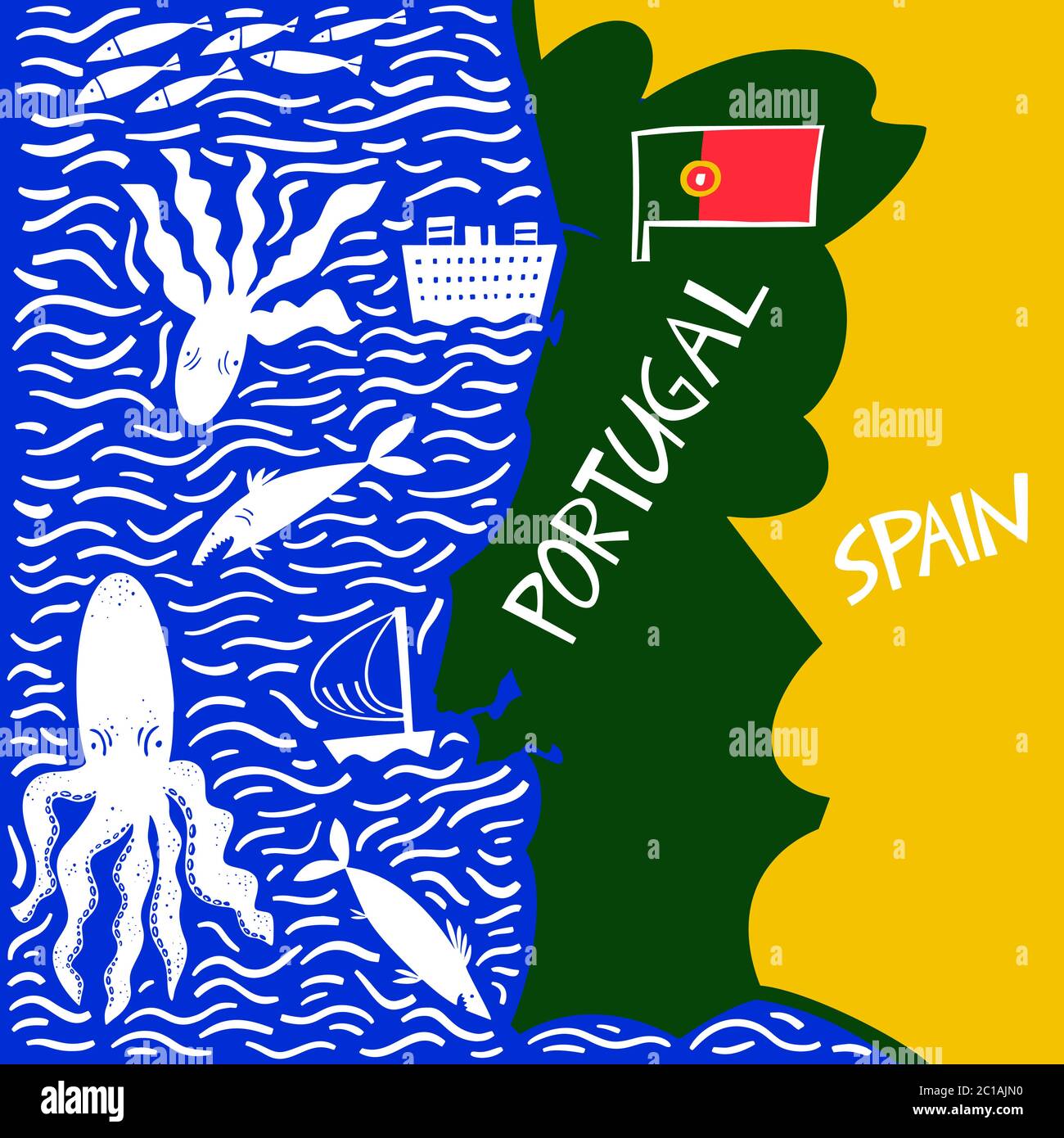 Carte stylisée du Portugal tracée à la main par vecteur. Illustration de voyage de la République portugaise avec de l'eau. Illustration avec lettrage dessiné à la main. Carte d'Europe eleme Illustration de Vecteur