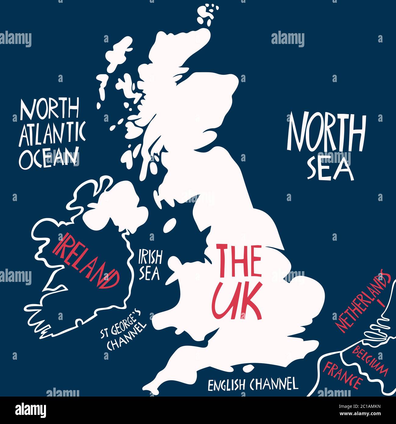 Carte stylisée du Royaume-Uni tracée à la main par Vector. Illustration de voyage des pays voisins de la Grande-Bretagne et des noms d'eau. Lettrage dessiné à la main Illustration de Vecteur