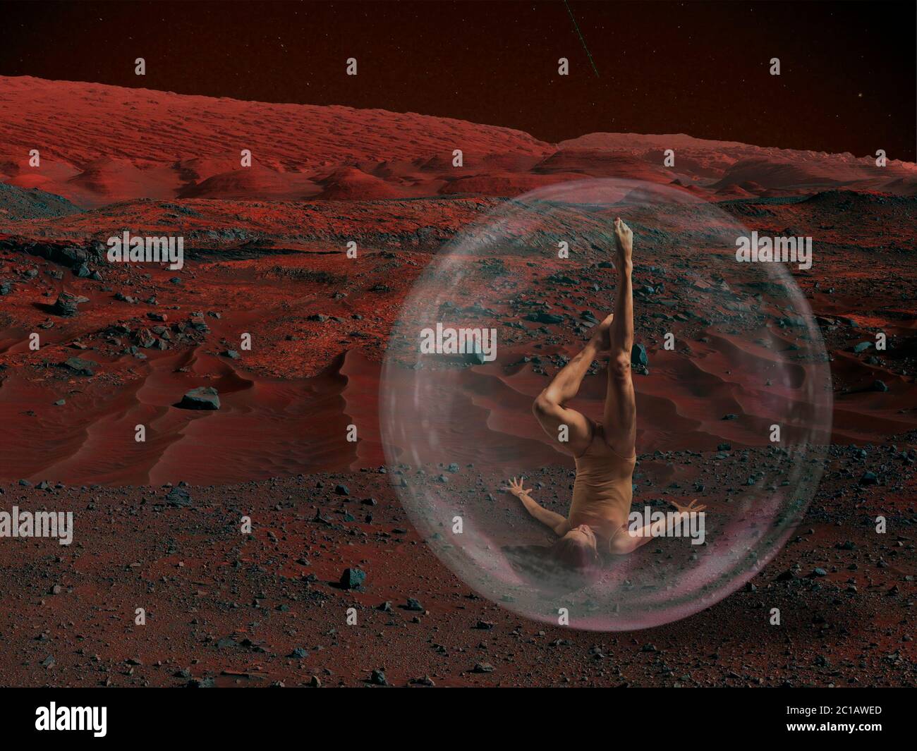 Imaginez que les gens vivent sur Mars. Gros plan paysage d'une planète abandonnée, beauté de la vie sur Mars. Ballerine dans une chambre à oxygène de protection, bulle. Exploration de l'inconnu et de la vie dans un nouvel espace. Banque D'Images