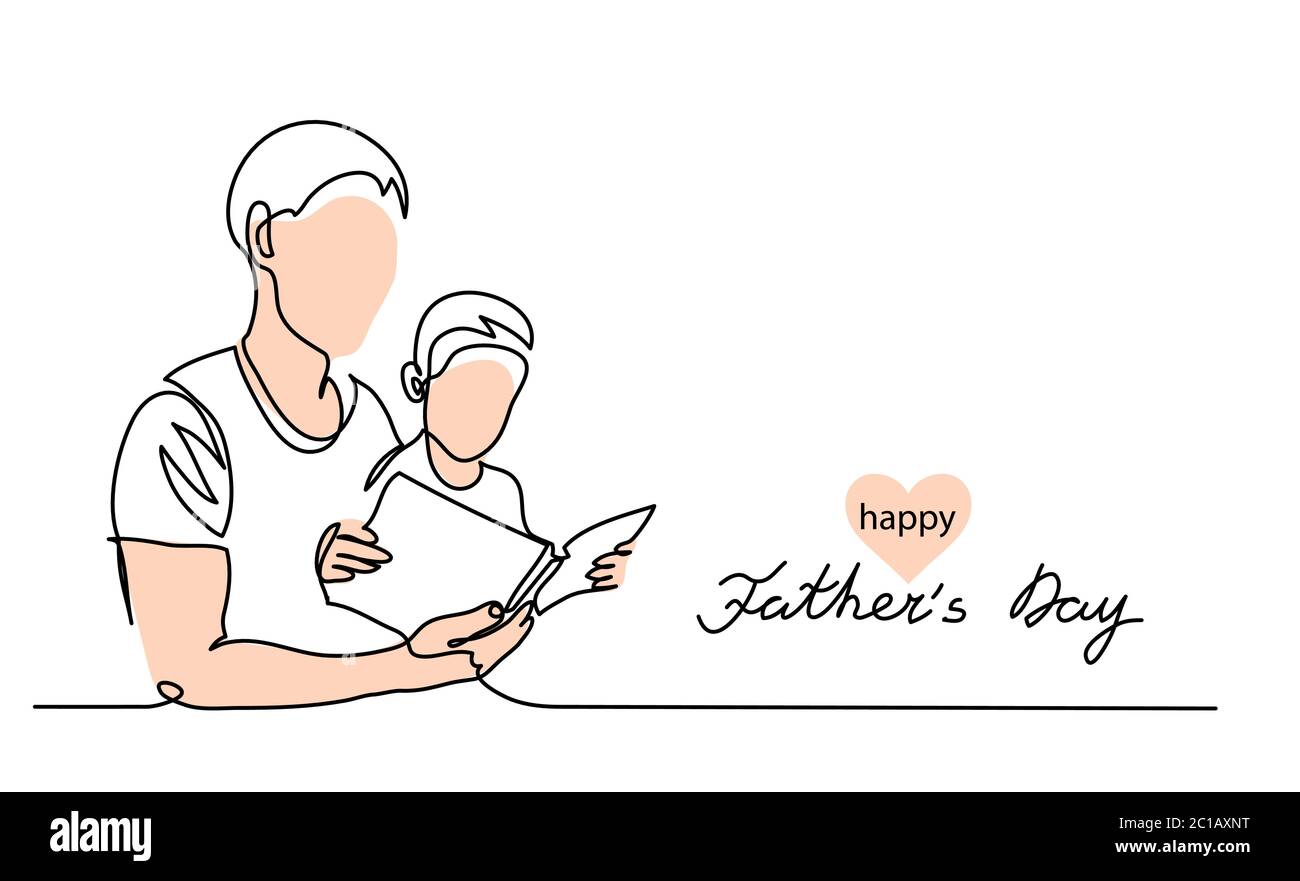 Joyeux Père jour vecteur arrière-plan, bannière web, affiche. Papa et gamin lisent un livre ensemble. Une bannière de dessin de ligne continue avec des Pères lettering Illustration de Vecteur