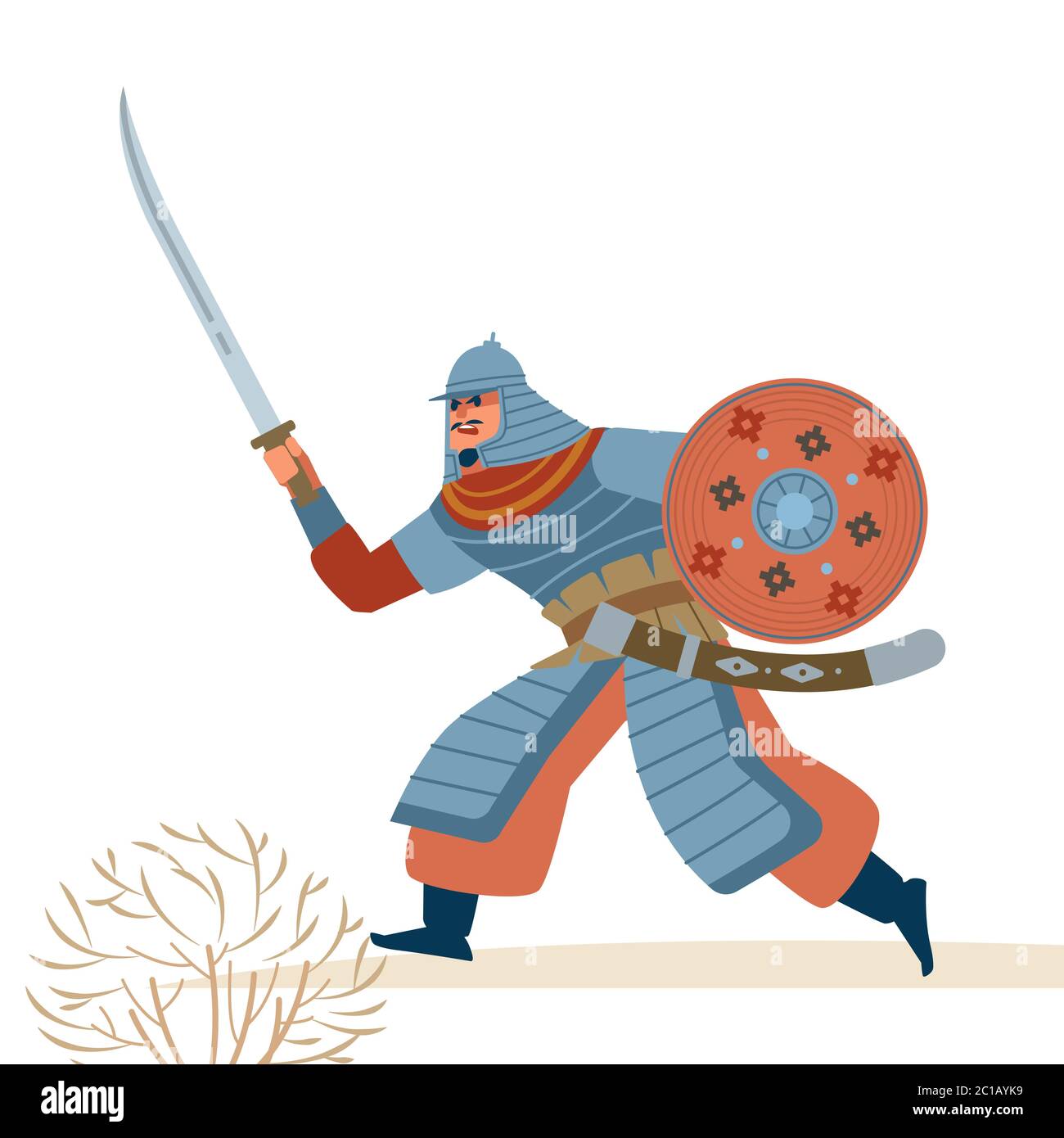 Dessin animé de personnage guerrier puissant d'Asie centrale, illustration vectorielle de style plat isolée sur fond blanc. Illustration de Vecteur