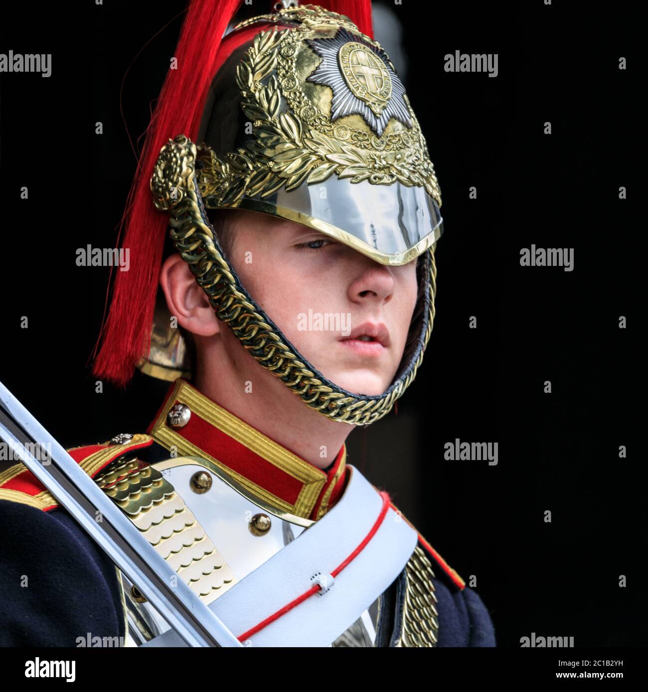 Jeune soldat, portrait de près, Blues et Royals membre de la cavalerie de la maison en uniforme à Horse Guards Parade, Londres, Royaume-Uni Banque D'Images