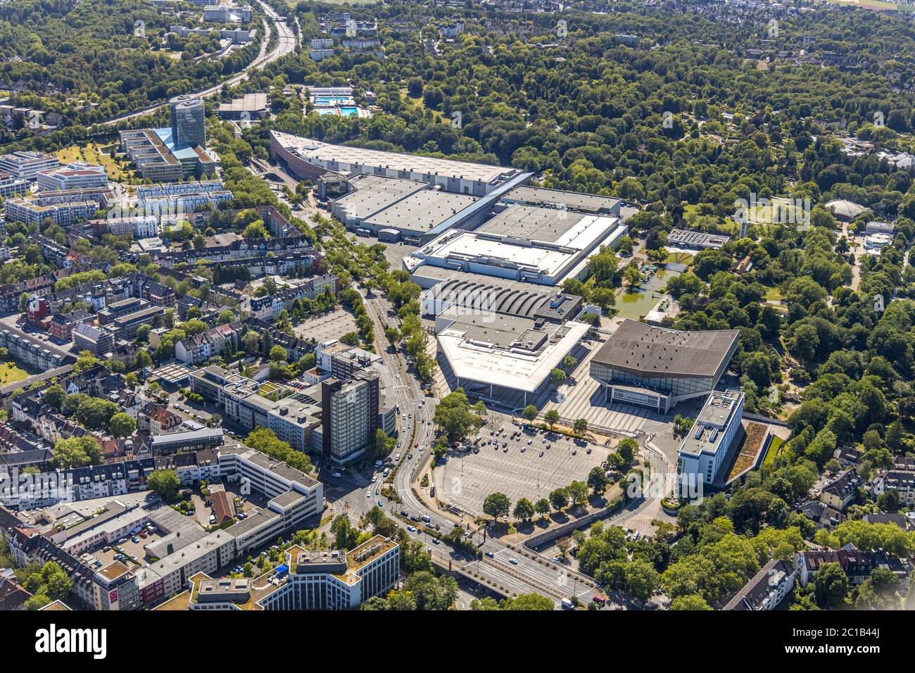 Photographie aérienne, Messe Essen, Grugahalle, ATLANTIC Congress Hotel Essen, Essen, région de la Ruhr, Rhénanie-du-Nord-Westphalie, Allemagne, DE, Europe, gastronomie, Banque D'Images