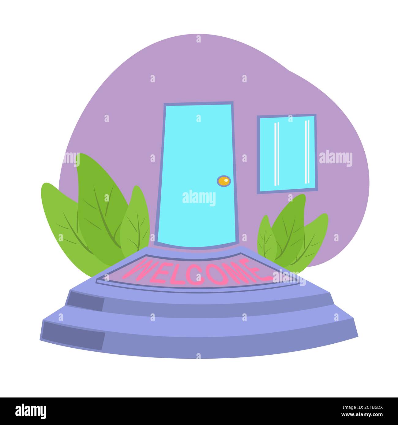 Porte avant avec tapis de bienvenue à l'avant de la porte, plaque d'entrée, vecteur de style plat Illustration de Vecteur