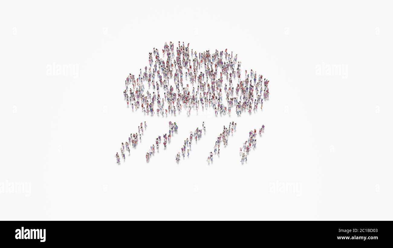 rendu 3d de la foule de différentes personnes en forme de symbole de forte pluie nuage sur fond blanc isolé Banque D'Images