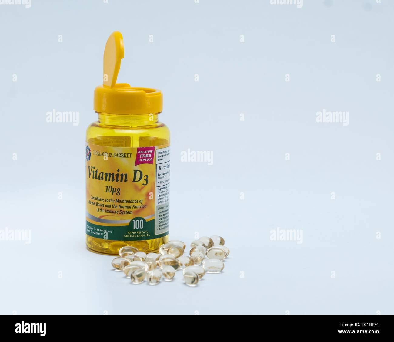 Une bouteille de supplément de vitamine D. Banque D'Images