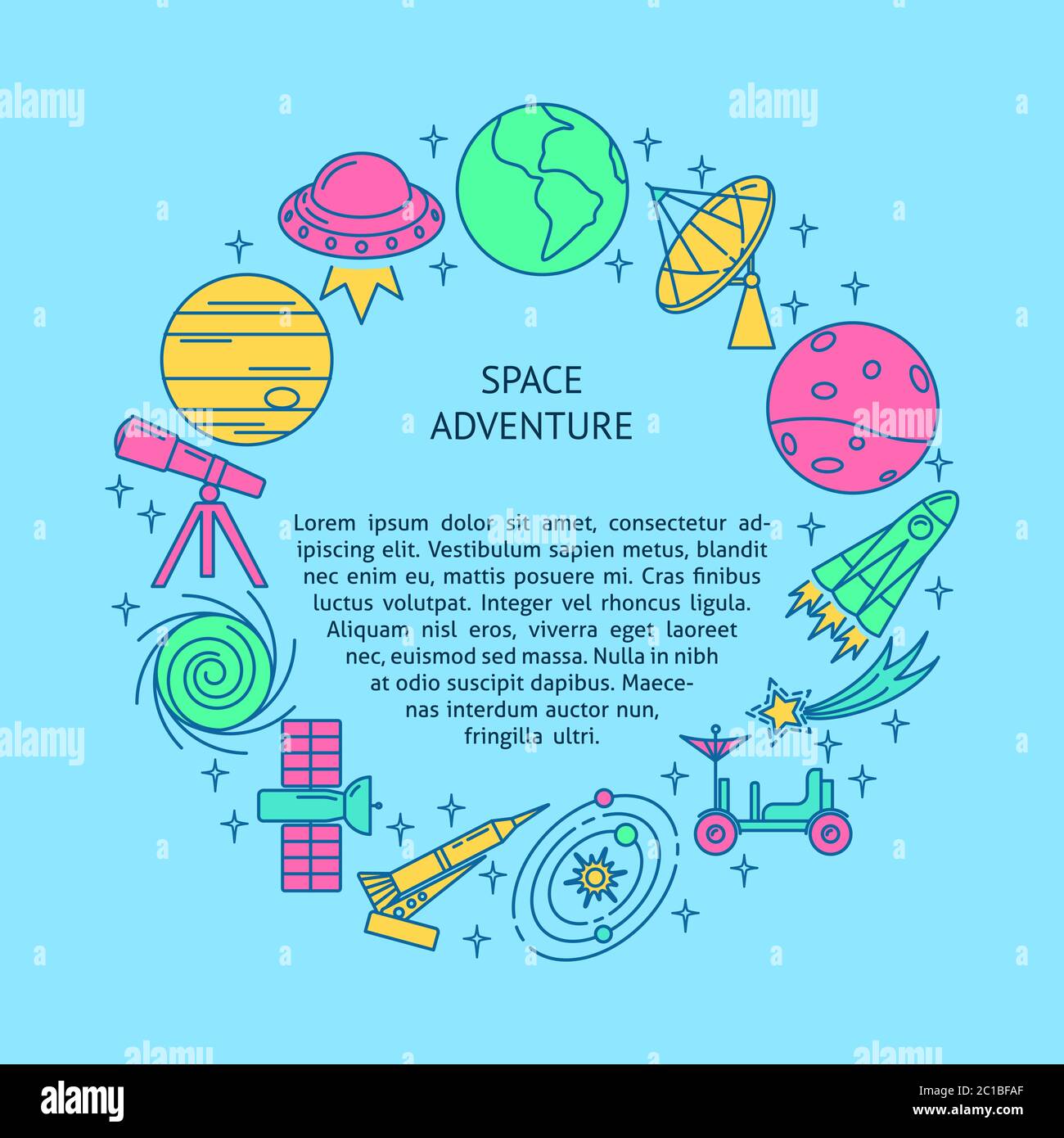 Bannière concept ronde thème espace avec place pour le texte. Vaisseau spatial, planètes et autres symboles en style de ligne colorée. Illustration vectorielle. Illustration de Vecteur