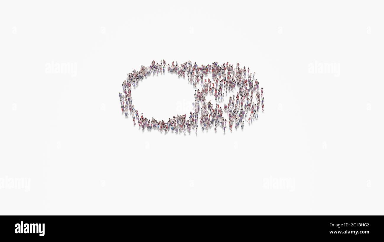 rendu 3d de la foule de différentes personnes en forme de symbole du bouton de commutation avec une coche sur fond blanc isolé Banque D'Images