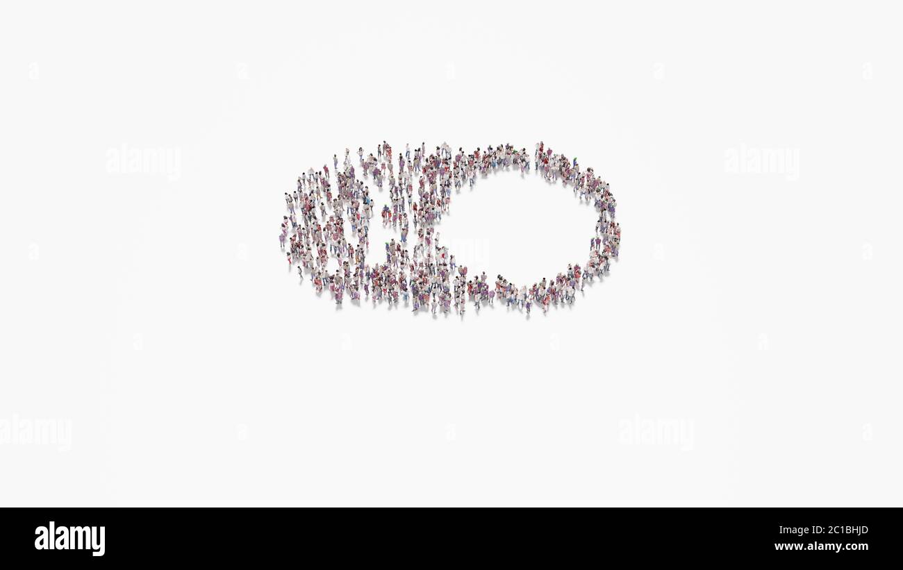 rendu 3d de la foule de différentes personnes en forme de symbole du bouton de commutation sur fond blanc isolé Banque D'Images